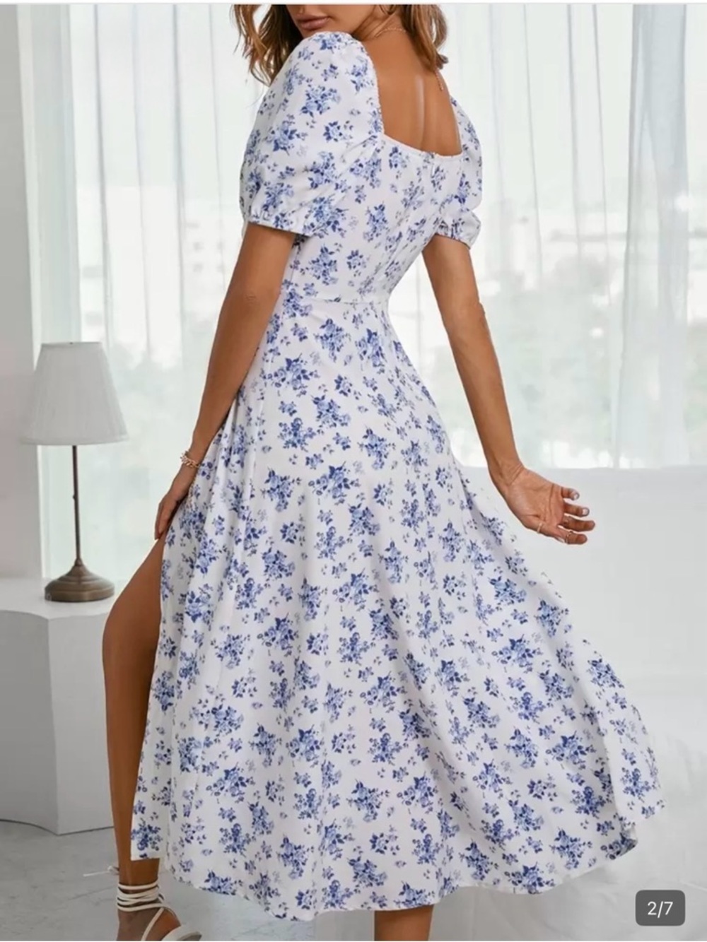 White and Blue Floral Puff-Sleeve Maxi Dress - Picture 2 of 3